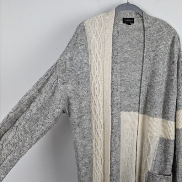 Topshop Light Gray and Cream Cable Knit Open Front Long Cardigan Sweater Size 4 - Picture 5 of 11